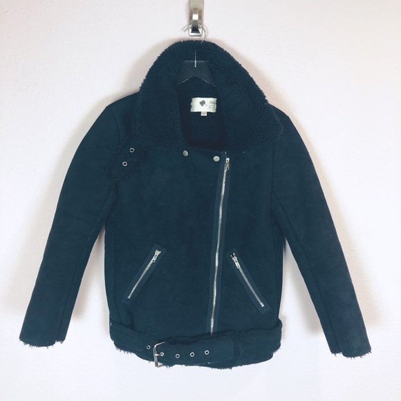 J.O.A. Navy Faux Shearling Biker Jacket Sz XS - Picture 5 of 7